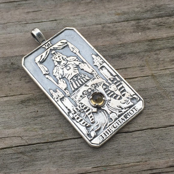 Chariot Tarot Card Pendant .925 Sterling Silver w/ genuine Citrine made in USA - Picture 4 of 9